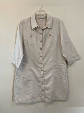 Chico's Linen Blend Button Down Sz 3 (XL) Womens Dress 3/4 Sleeve Khaki Pockets